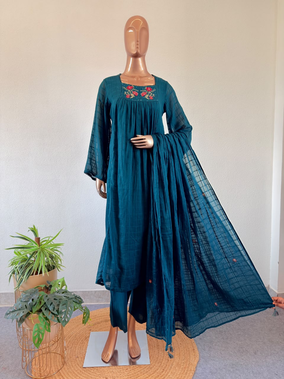 Embroidered Square Neck Kota Doria Flared Kurta Set with Pant & Dupatta
