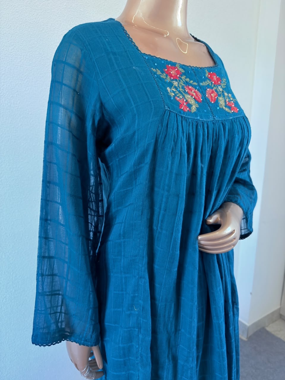 Embroidered Square Neck Kota Doria Flared Kurta Set with Pant & Dupatta