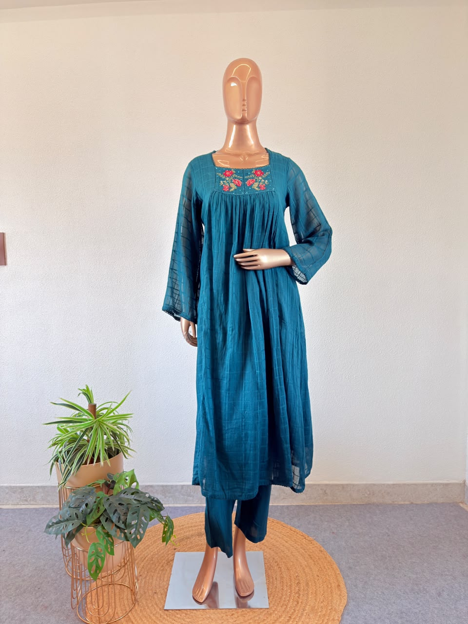 Embroidered Square Neck Kota Doria Flared Kurta Set with Pant & Dupatta