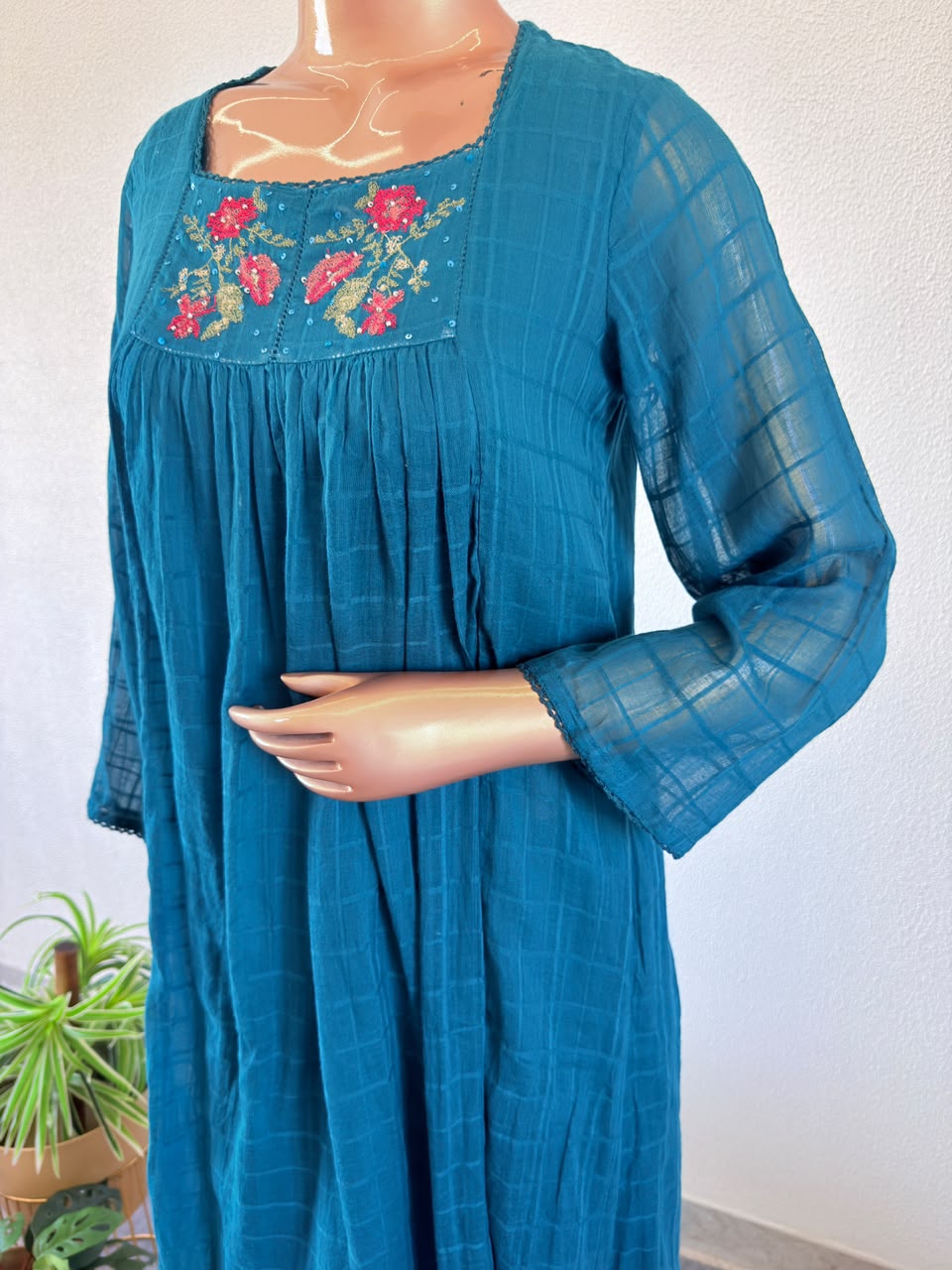 Embroidered Square Neck Kota Doria Flared Kurta Set with Pant & Dupatta
