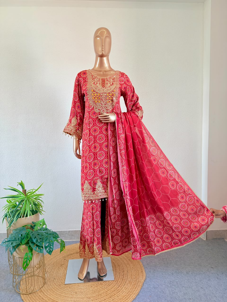Bandhani Print Crimson Chinon Straight Suit Set with Mirror & Zardozi Work