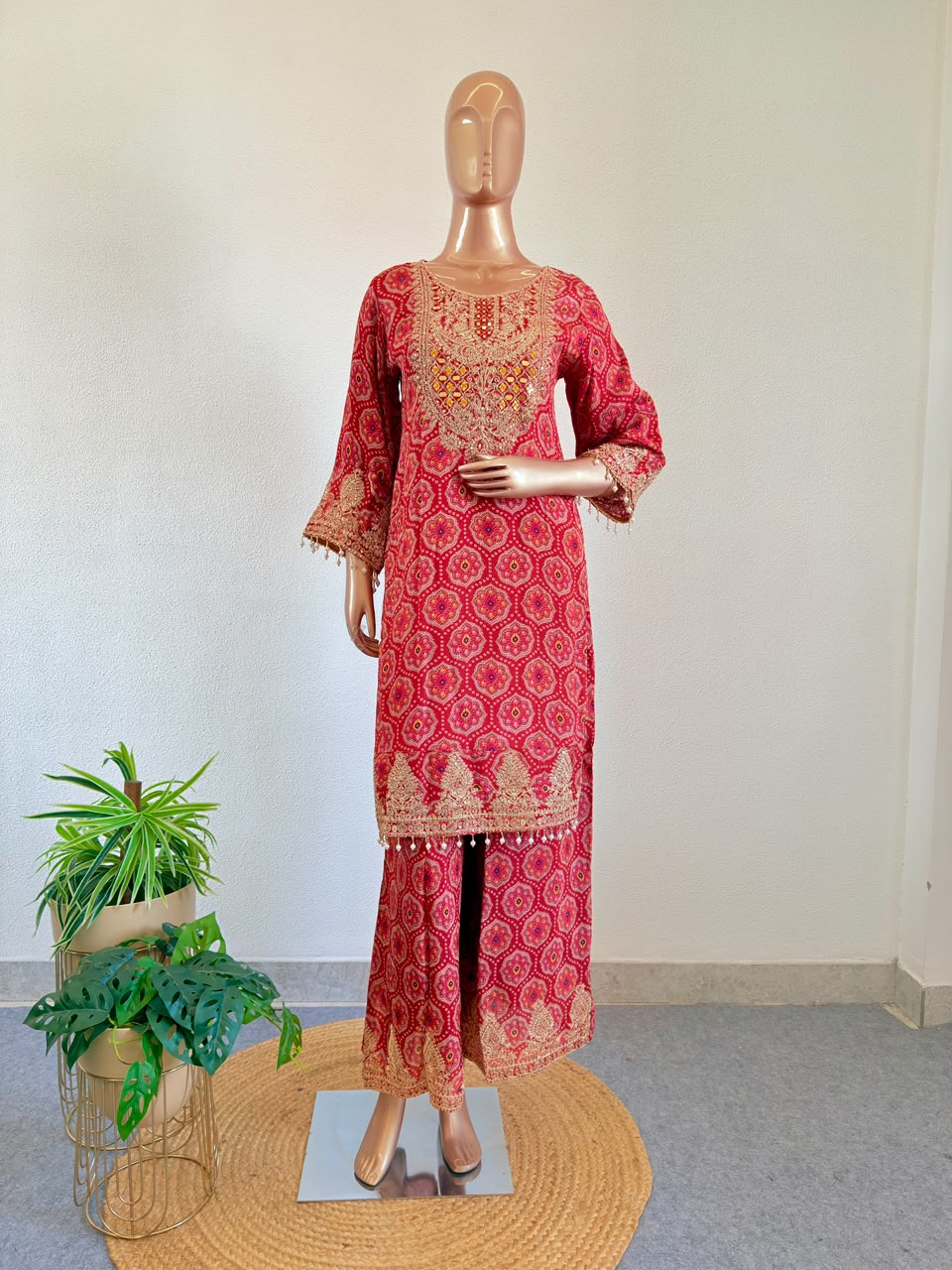 Bandhani Print Crimson Chinon Straight Suit Set with Mirror & Zardozi Work
