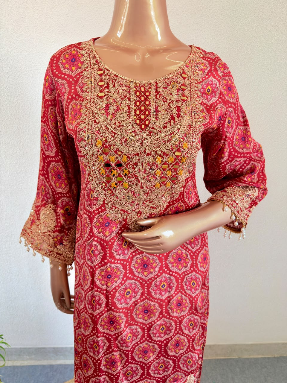 Bandhani Print Crimson Chinon Straight Suit Set with Mirror & Zardozi Work