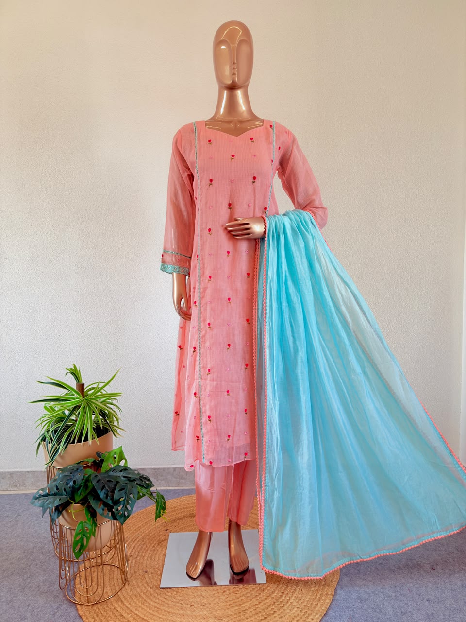 Rosebud Embroidered Kota Silk Straight Suit Set with Contrast Organza Dupatta