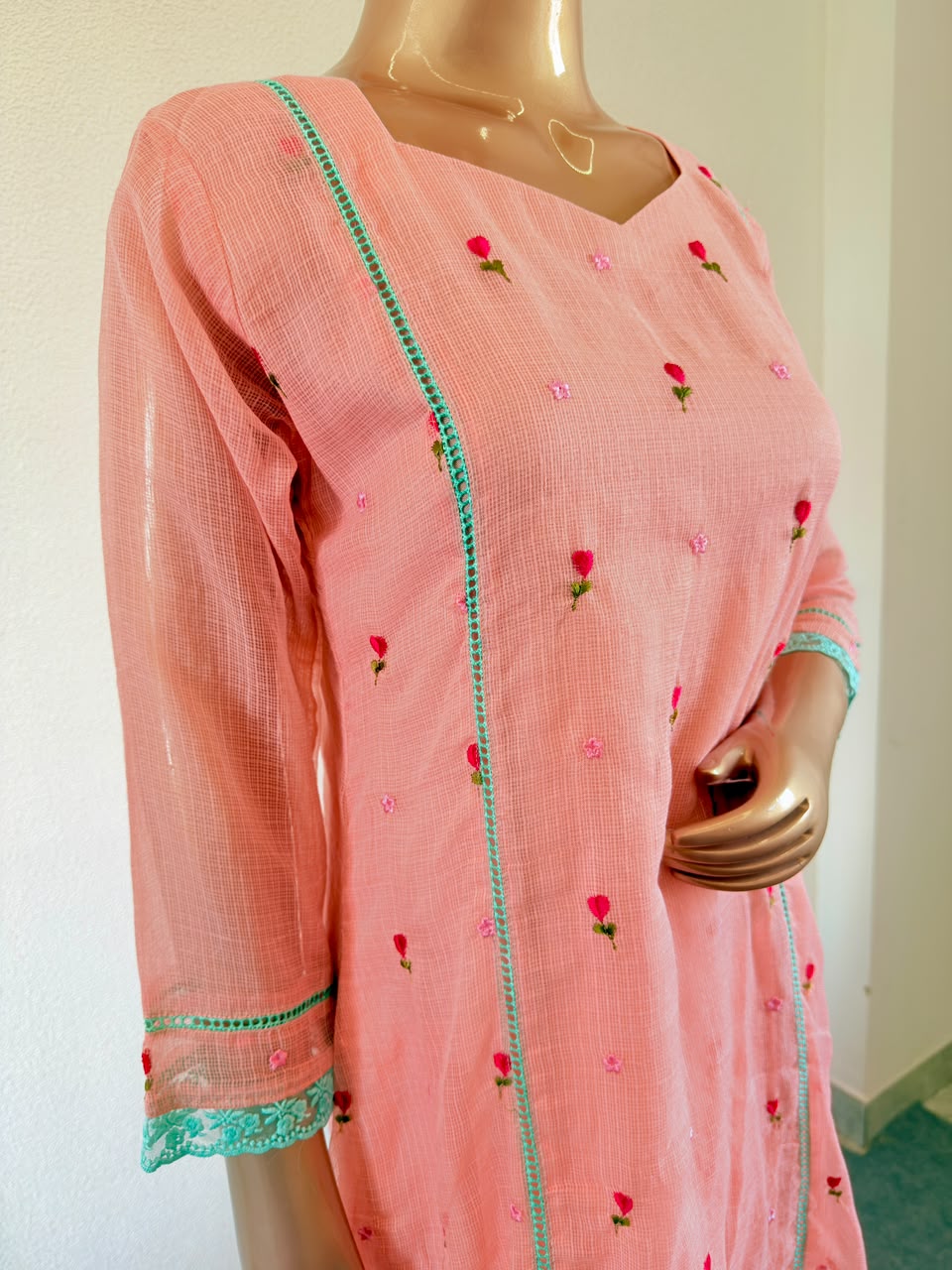 Rosebud Embroidered Kota Silk Straight Suit Set with Contrast Organza Dupatta