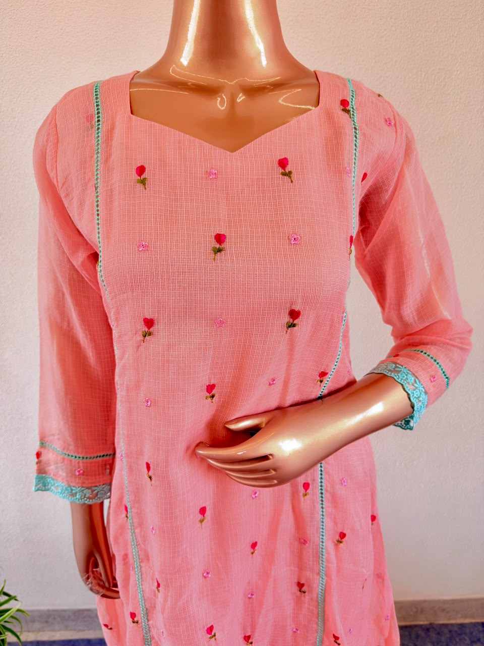 Rosebud Embroidered Kota Silk Straight Suit Set with Contrast Organza Dupatta
