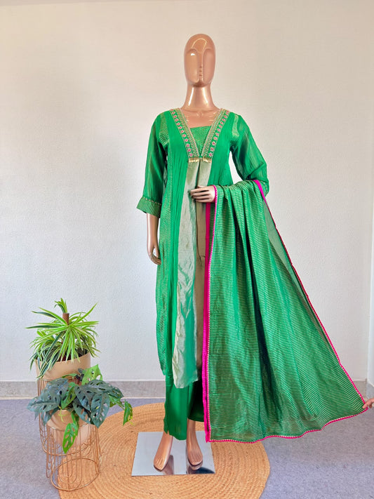 Embroidered V-Neck Mul Chanderi A-line Suit Set with Gold Tissue Pannels
