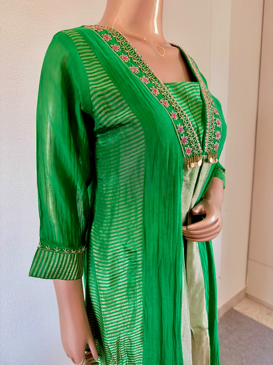 Embroidered V-Neck Mul Chanderi A-line Suit Set with Gold Tissue Pannels