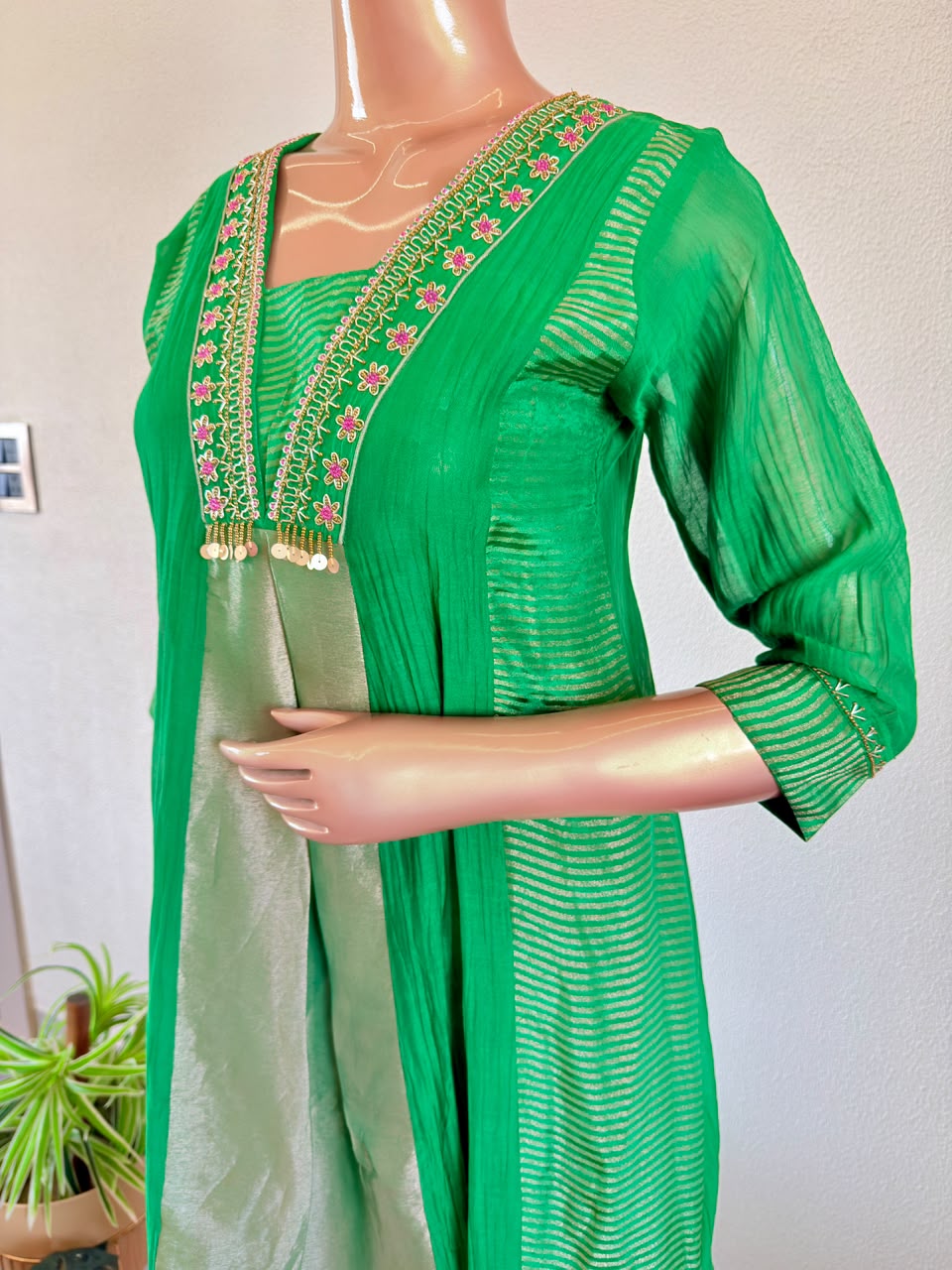 Embroidered V-Neck Mul Chanderi A-line Suit Set with Gold Tissue Pannels