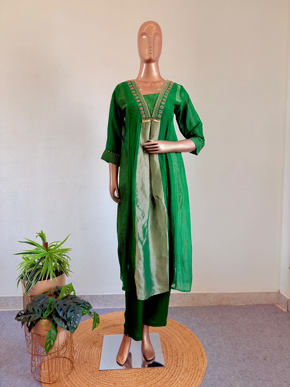 Embroidered V-Neck Mul Chanderi A-line Suit Set with Gold Tissue Pannels