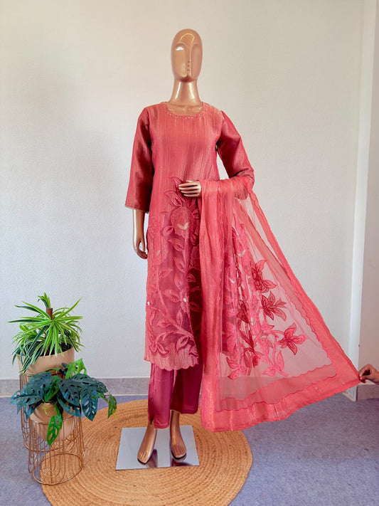 Cutwork Rose Applique Metallic Tissue Silk Suit Set with Organza Dupatta