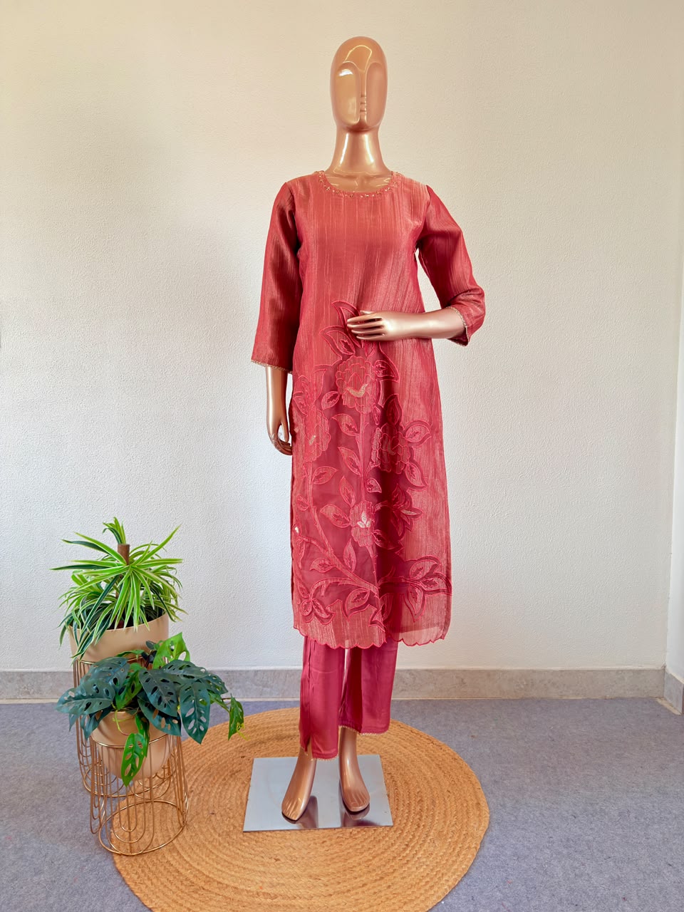Cutwork Rose Applique Metallic Tissue Silk Suit Set with Organza Dupatta