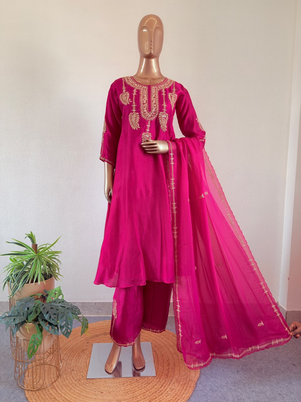 Premium Zardozi & Zari Work A-Line Suit Set with Emboidered Pants & Organza Dupatta