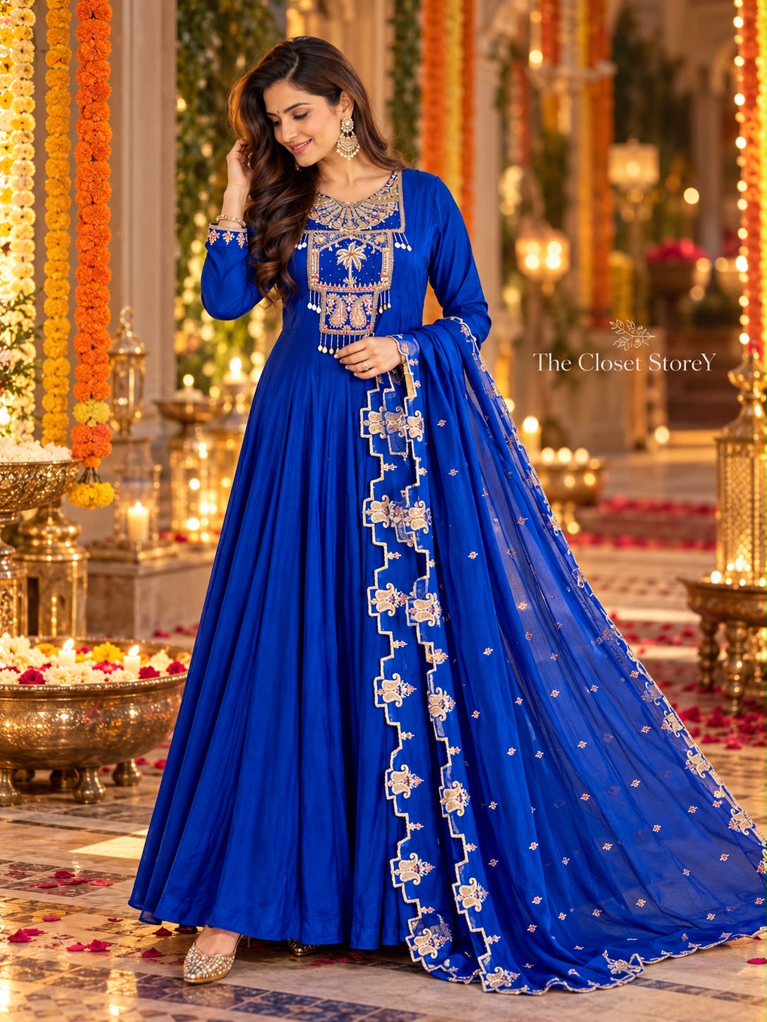 Coin Charms & Zardozi Embroidered Yoke Flared Silk Anarkali Gown with Scalloped Dupatta
