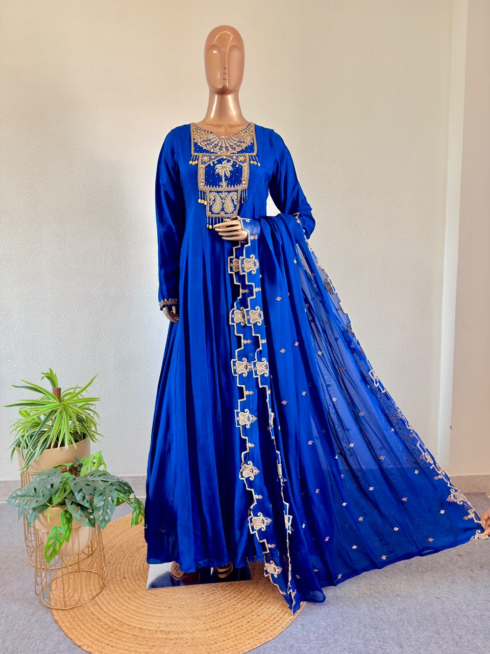 Coin Charms & Zardozi Embroidered Yoke Flared Silk Anarkali Gown with Scalloped Dupatta