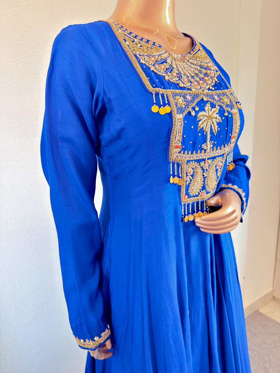 Coin Charms & Zardozi Embroidered Yoke Flared Silk Anarkali Gown with Scalloped Dupatta