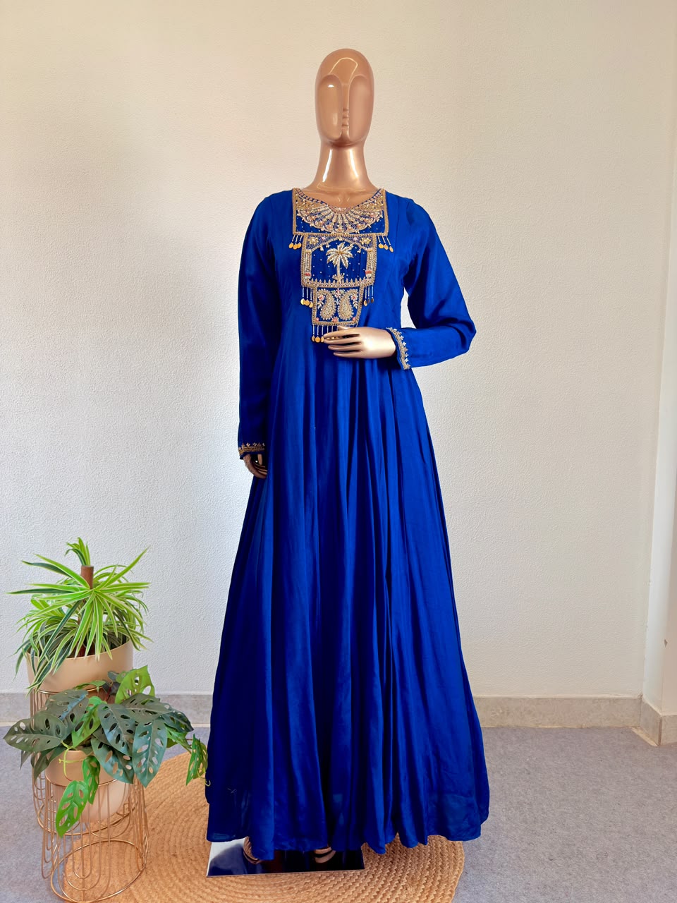 Coin Charms & Zardozi Embroidered Yoke Flared Silk Anarkali Gown with Scalloped Dupatta