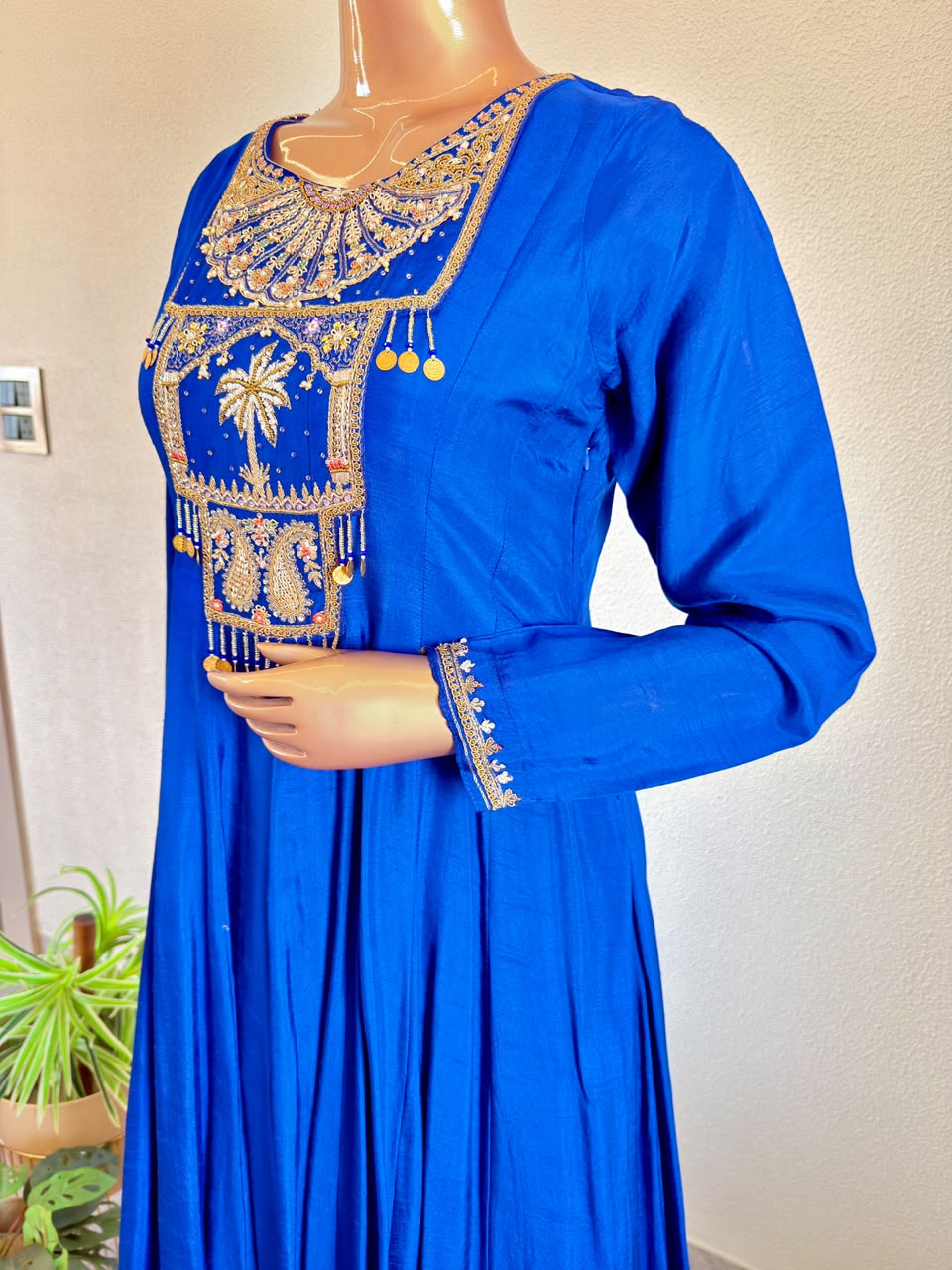 Coin Charms & Zardozi Embroidered Yoke Flared Silk Anarkali Gown with Scalloped Dupatta
