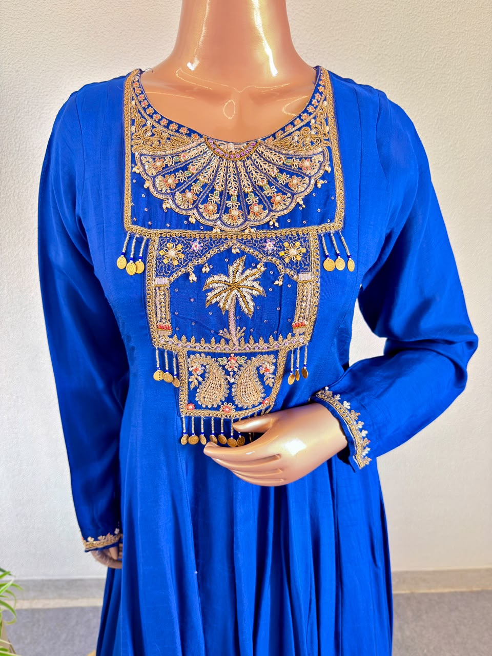 Coin Charms & Zardozi Embroidered Yoke Flared Silk Anarkali Gown with Scalloped Dupatta