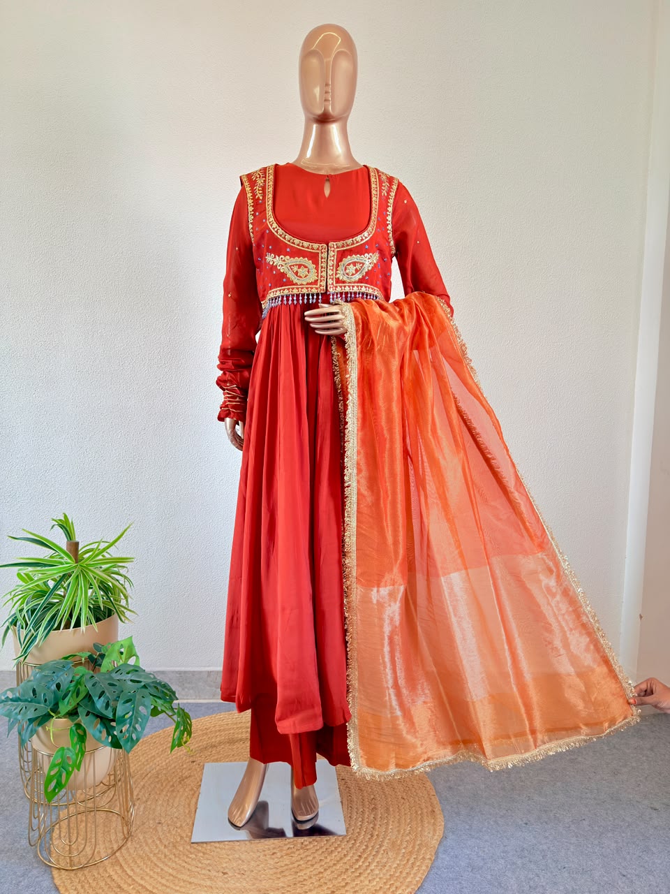 Embroidered Waistcoat Jacket Frock Suit with Pant & Tissue Dupatta