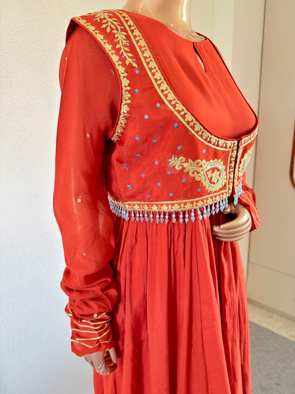 Embroidered Waistcoat Jacket Frock Suit with Pant & Tissue Dupatta