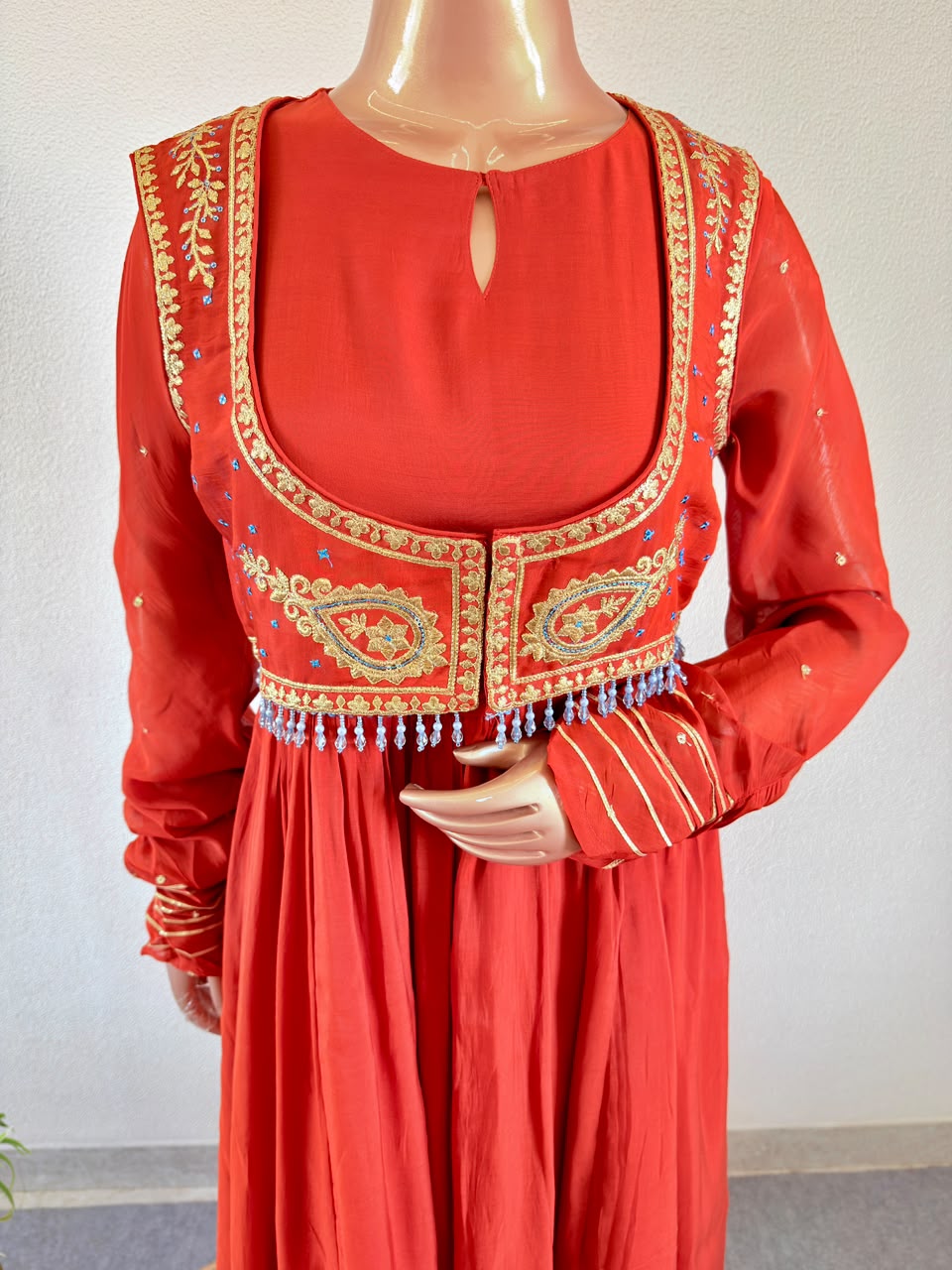 Embroidered Waistcoat Jacket Frock Suit with Pant & Tissue Dupatta