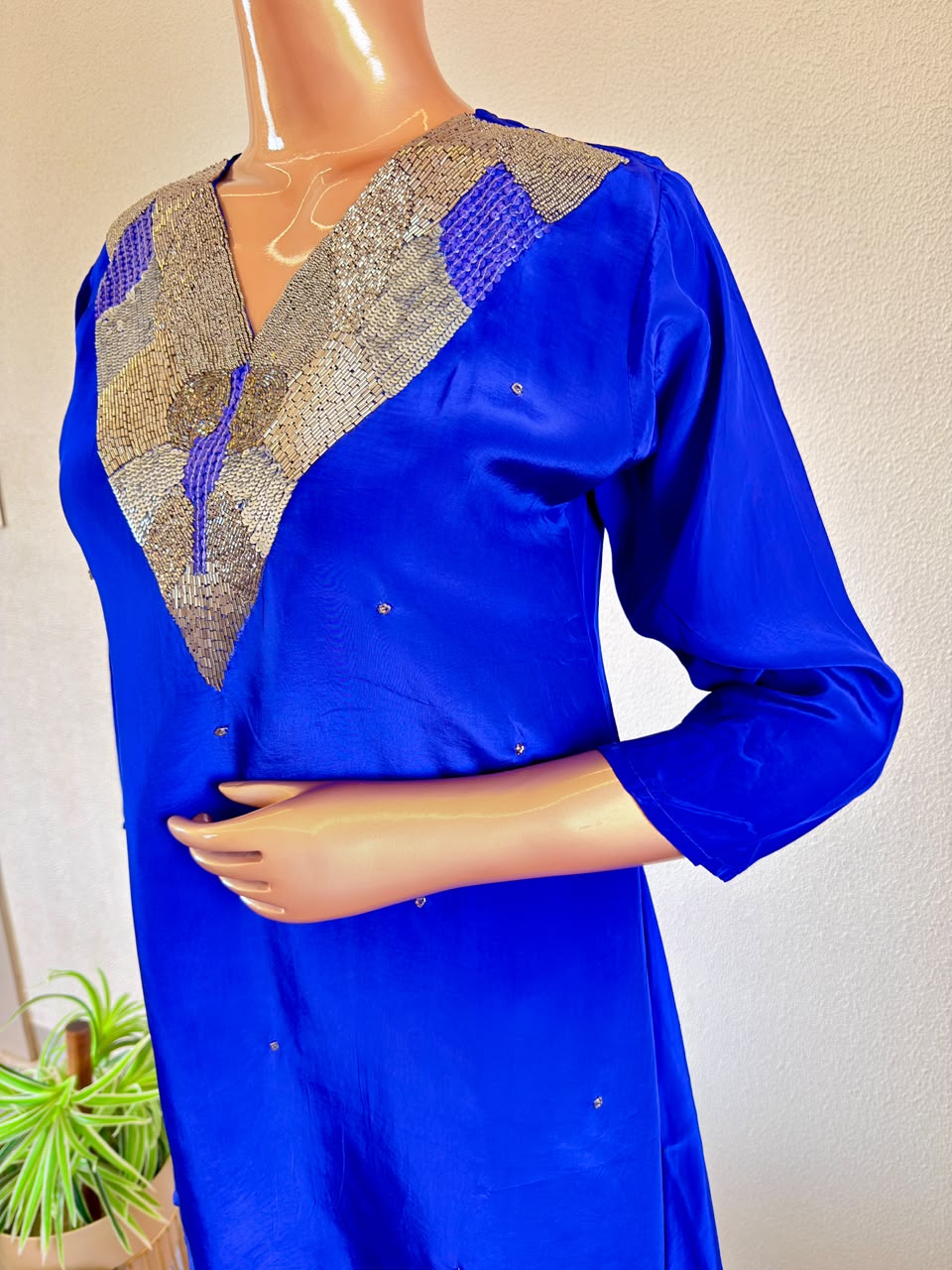 Sequin Embellished V-Yoke Royal Blue Crepe Co-Ord Set