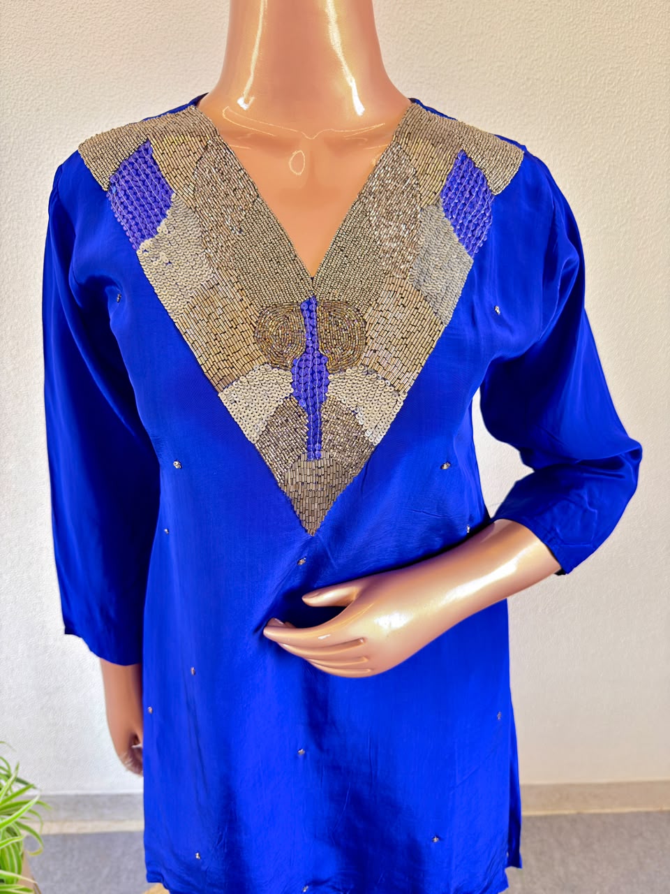 Sequin Embellished V-Yoke Royal Blue Crepe Co-Ord Set