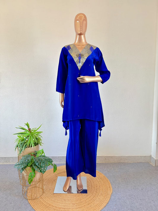 Sequin Embellished V-Yoke Royal Blue Crepe Co-Ord Set