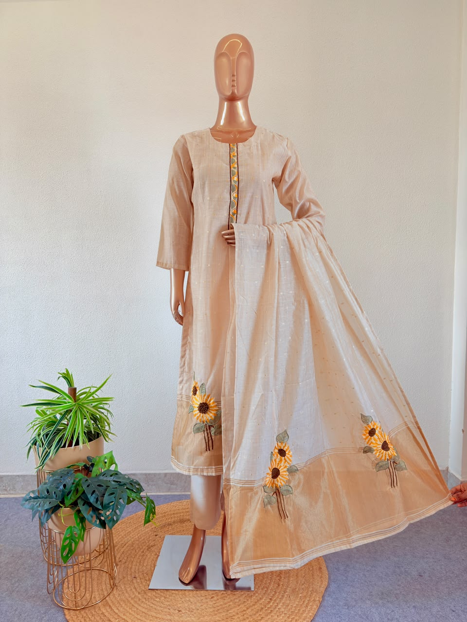 Sunflower Embroidered Tissue Border Chanderi Suit Set with Trousers & Dupatta