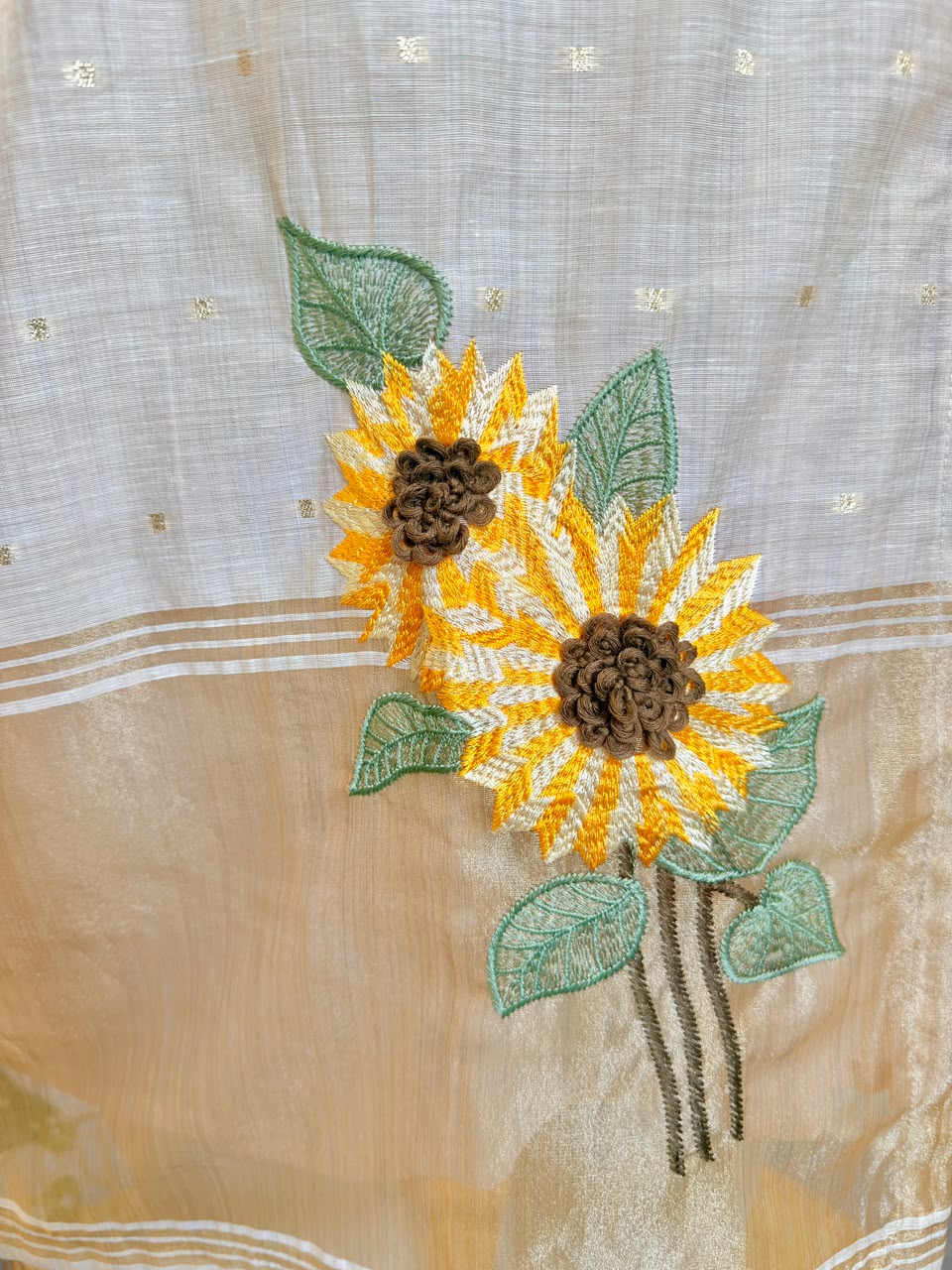 Sunflower Embroidered Tissue Border Chanderi Suit Set with Trousers & Dupatta