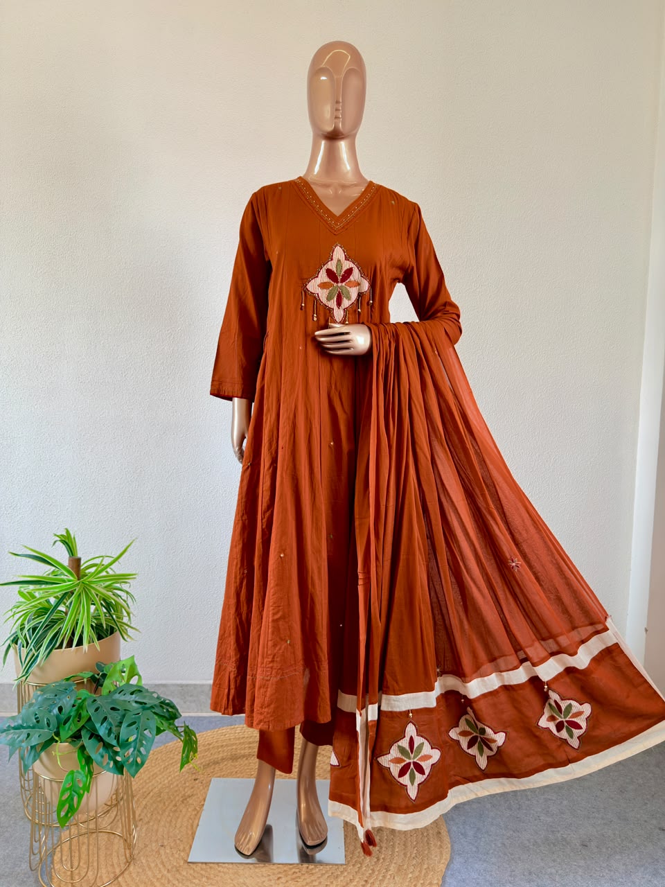 Mul Cotton Anarkali Suit Set with Embroidered Floral Applique Work