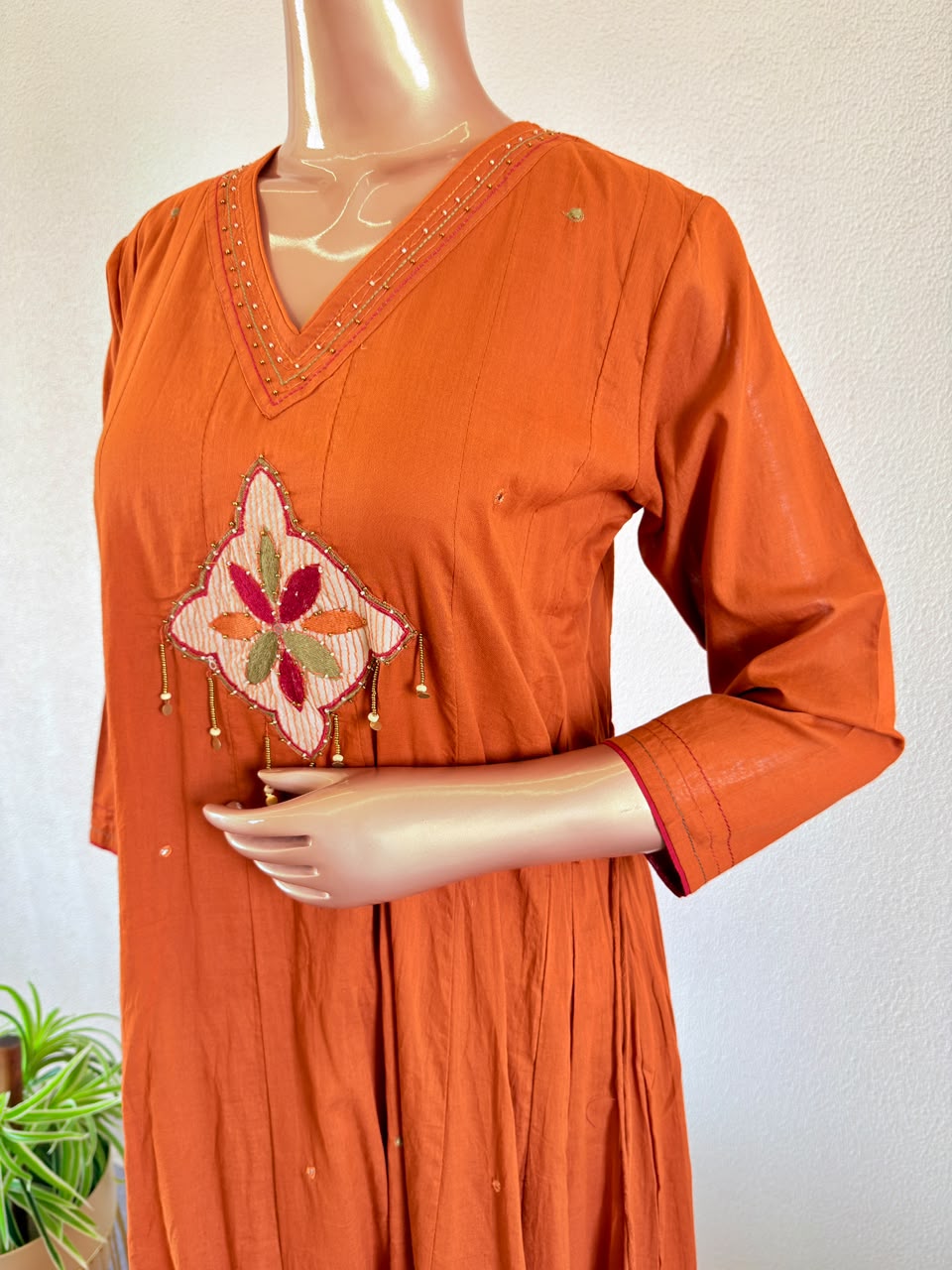 Mul Cotton Anarkali Suit Set with Embroidered Floral Applique Work