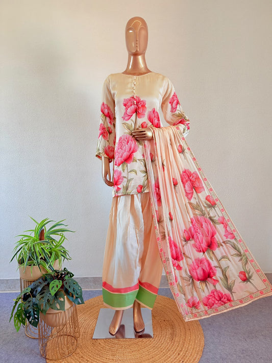 Peony Printed Satin Silk Short Kurti & Farsi Salwar with Dupatta