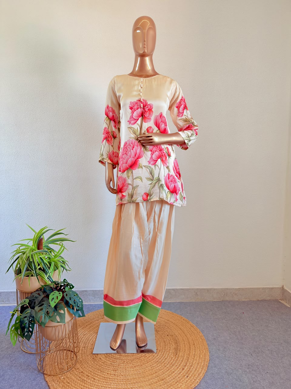 Peony Printed Satin Silk Short Kurti & Farsi Salwar with Dupatta