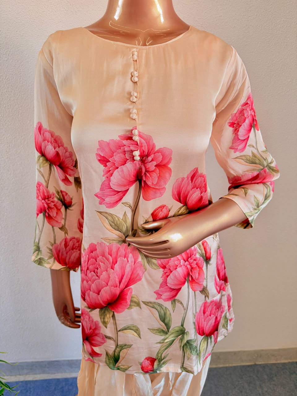 Peony Printed Satin Silk Short Kurti & Farsi Salwar with Dupatta