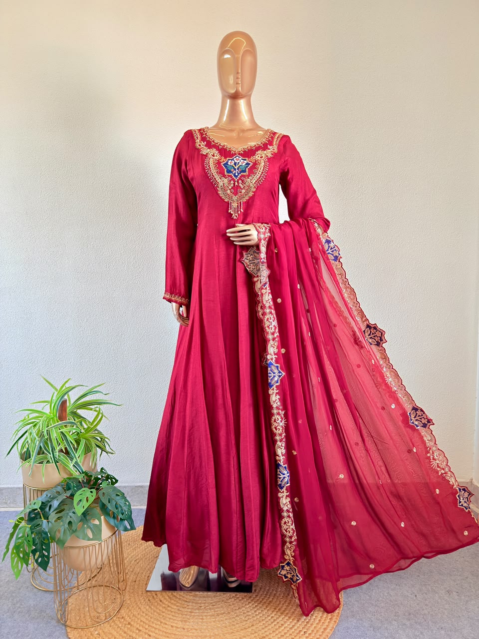 Zardozi Work Silk Anarkali Gown with Embroidered & Cutwork Dupatta