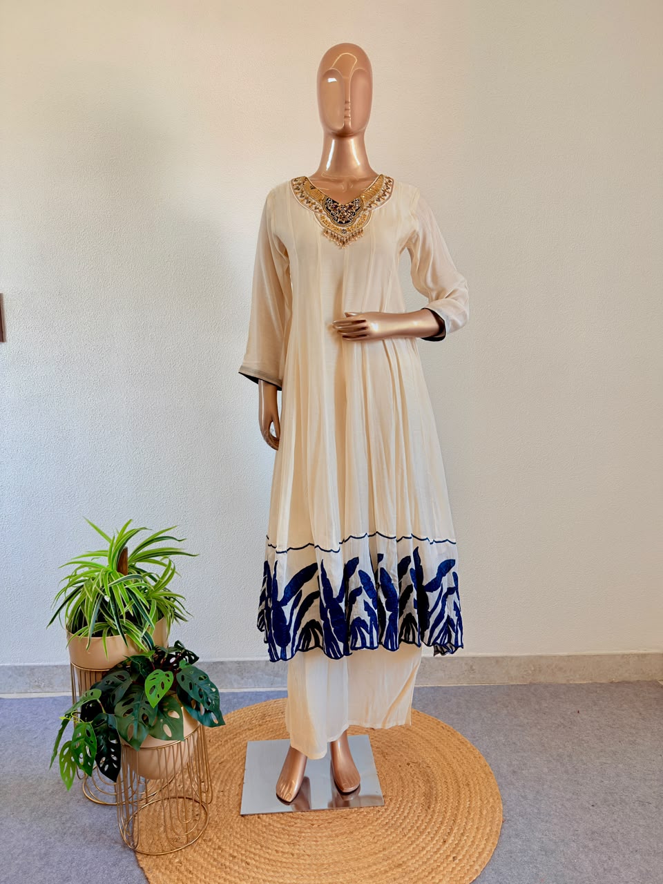 Hand Embroidered Neckline & Applique Flared Silk Suit Set with Scalloped Dupatta