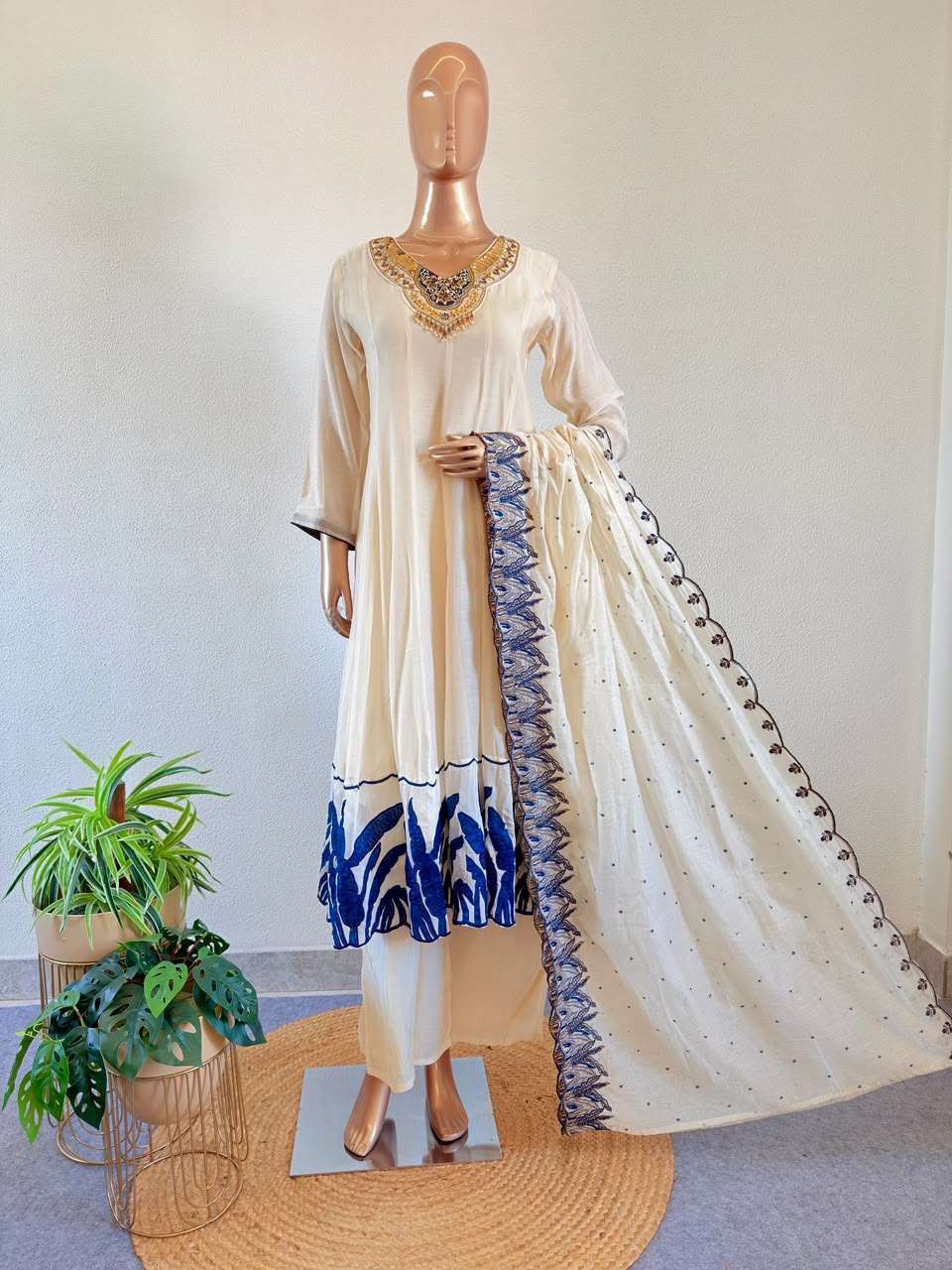 Hand Embroidered Neckline & Applique Flared Silk Suit Set with Scalloped Dupatta