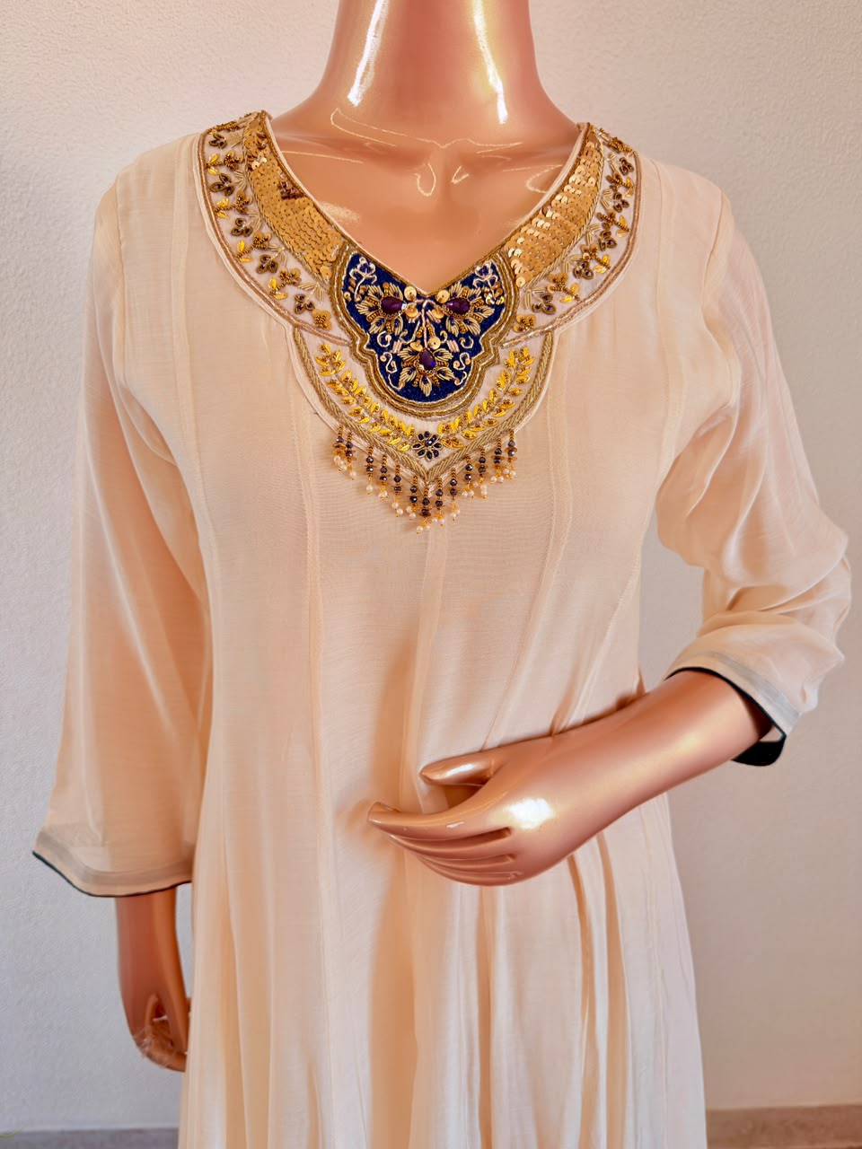 Hand Embroidered Neckline & Applique Flared Silk Suit Set with Scalloped Dupatta