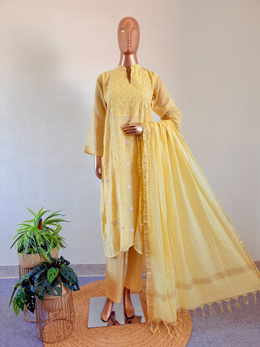 Embroidered Yoke Mul Chanderi Silk A-Line Suit Set with Zari Dupatta