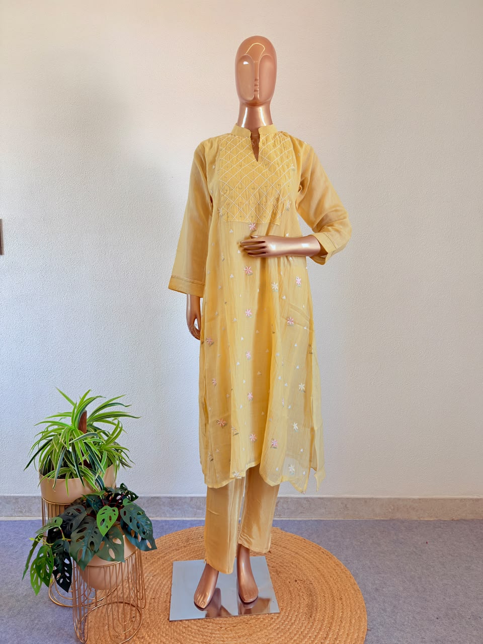 Embroidered Yoke Mul Chanderi Silk A-Line Suit Set with Zari Dupatta