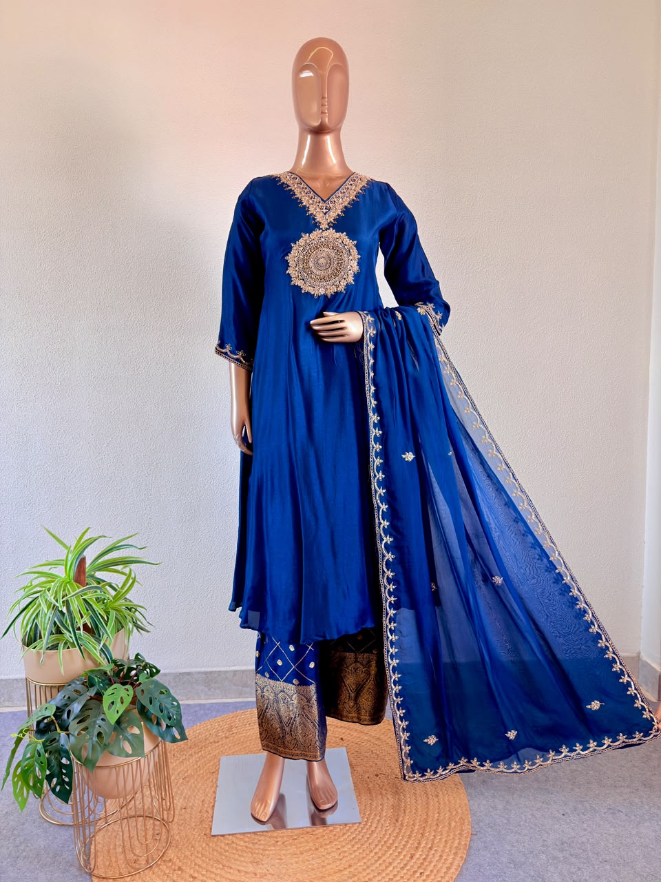 Hand Embroidered V-Neck Premium Silk A-Line Suit Set with Brocade wide Pants