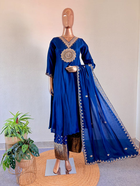Hand Embroidered V-Neck Premium Silk A-Line Suit Set with Brocade wide Pants