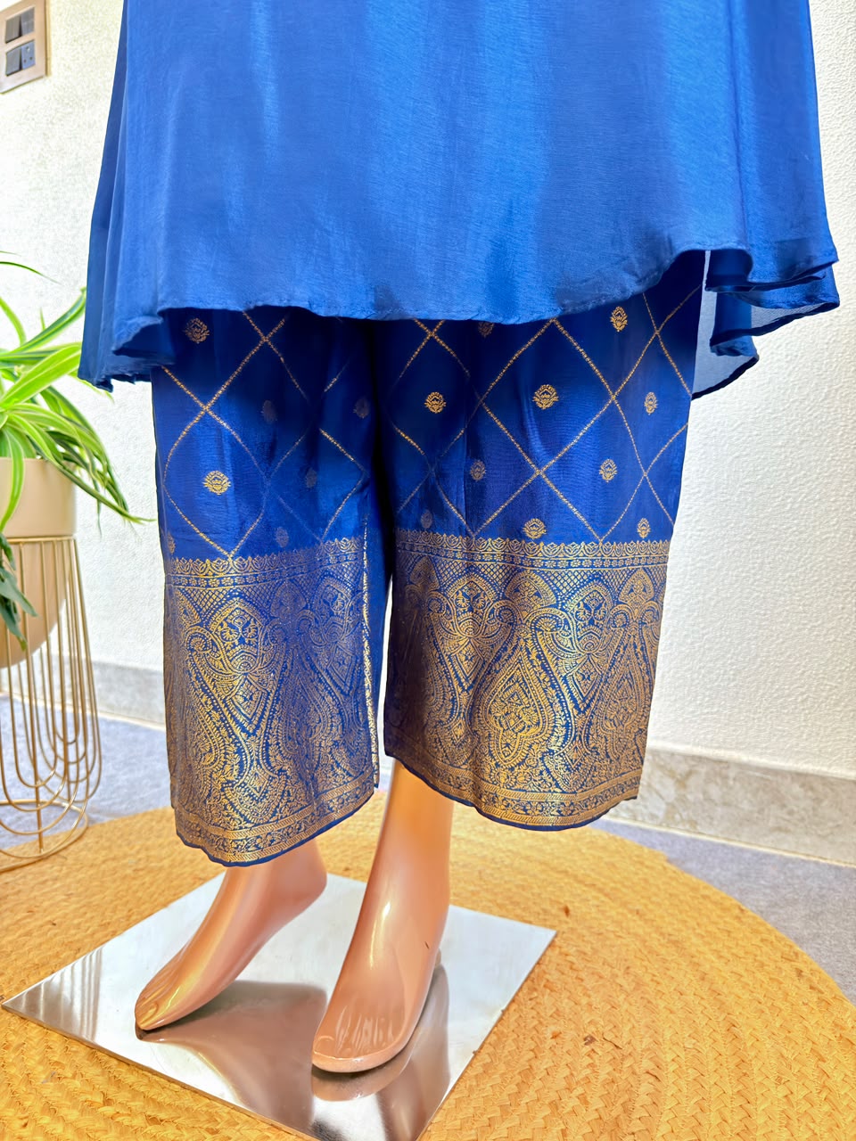 Hand Embroidered V-Neck Premium Silk A-Line Suit Set with Brocade wide Pants