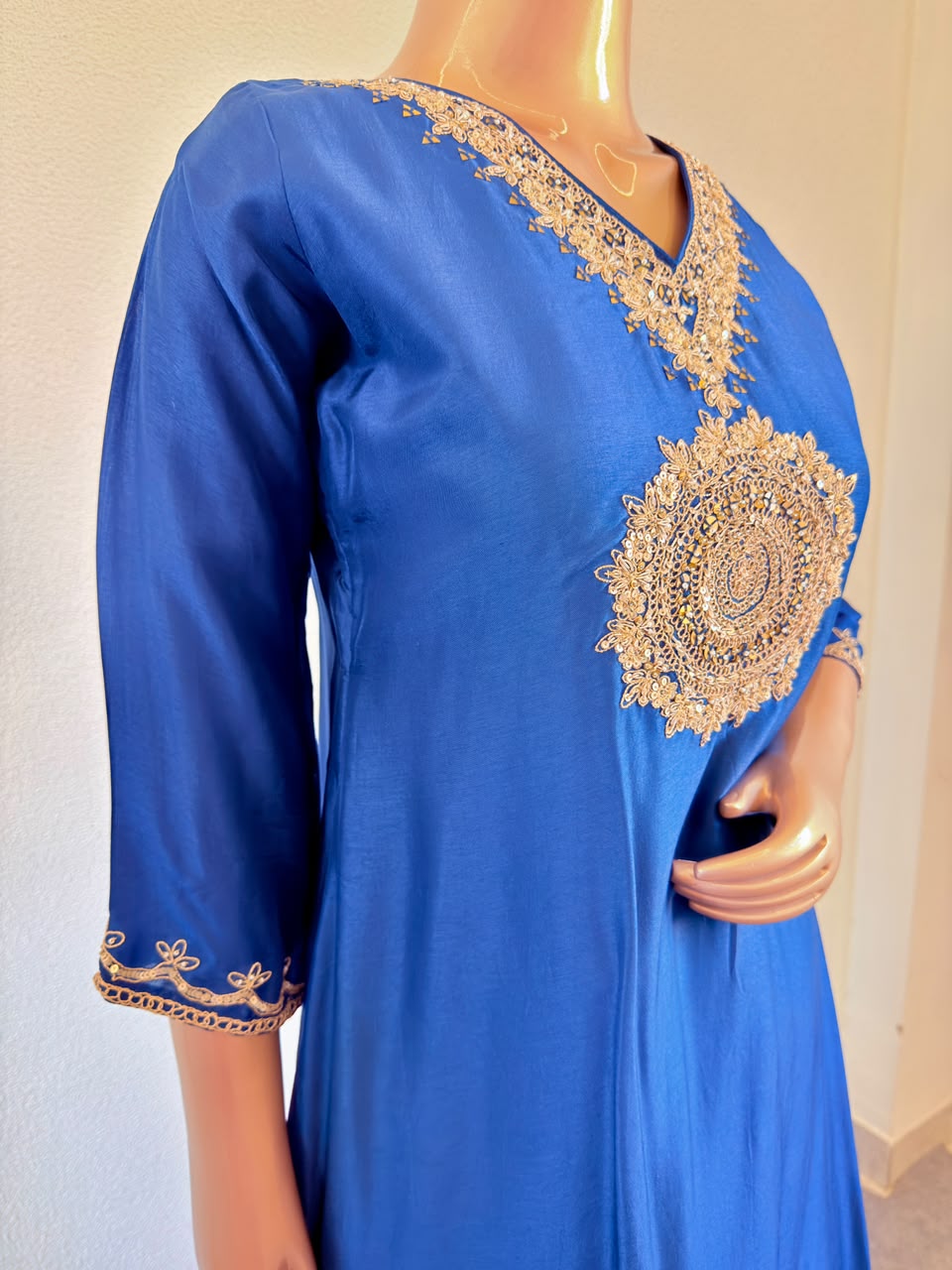 Hand Embroidered V-Neck Premium Silk A-Line Suit Set with Brocade wide Pants
