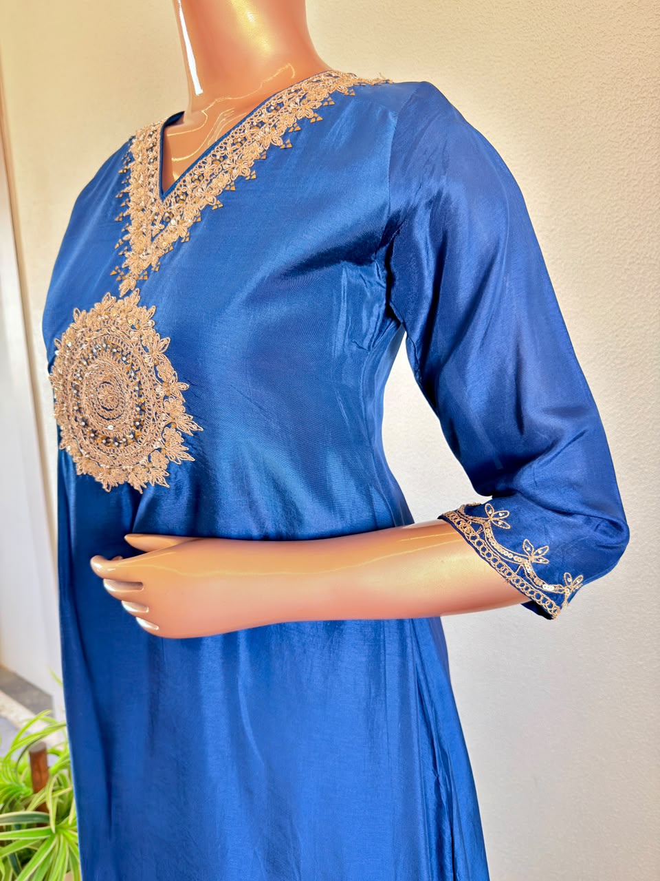 Hand Embroidered V-Neck Premium Silk A-Line Suit Set with Brocade wide Pants