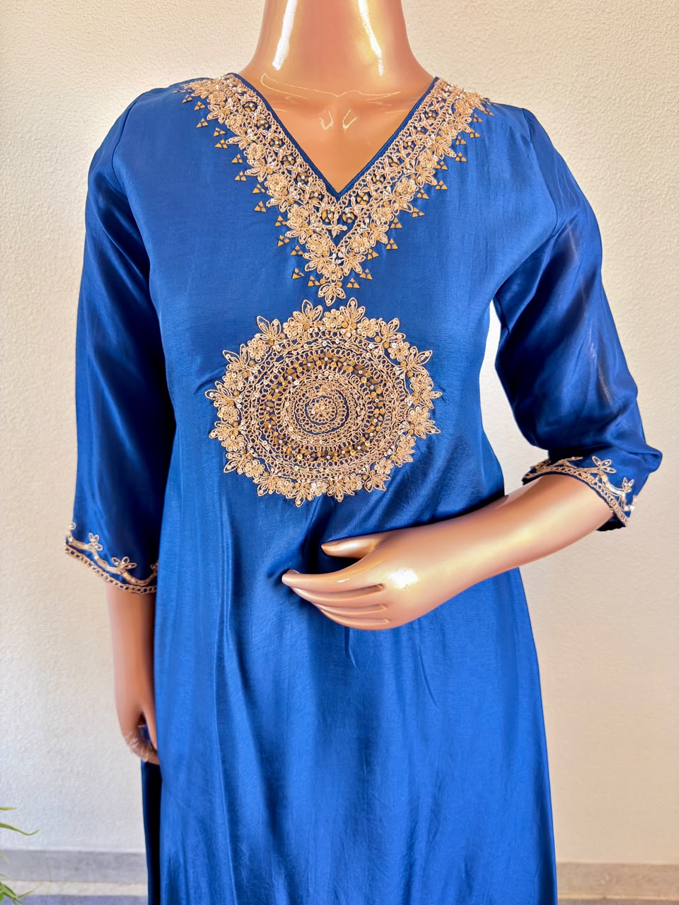 Hand Embroidered V-Neck Premium Silk A-Line Suit Set with Brocade wide Pants