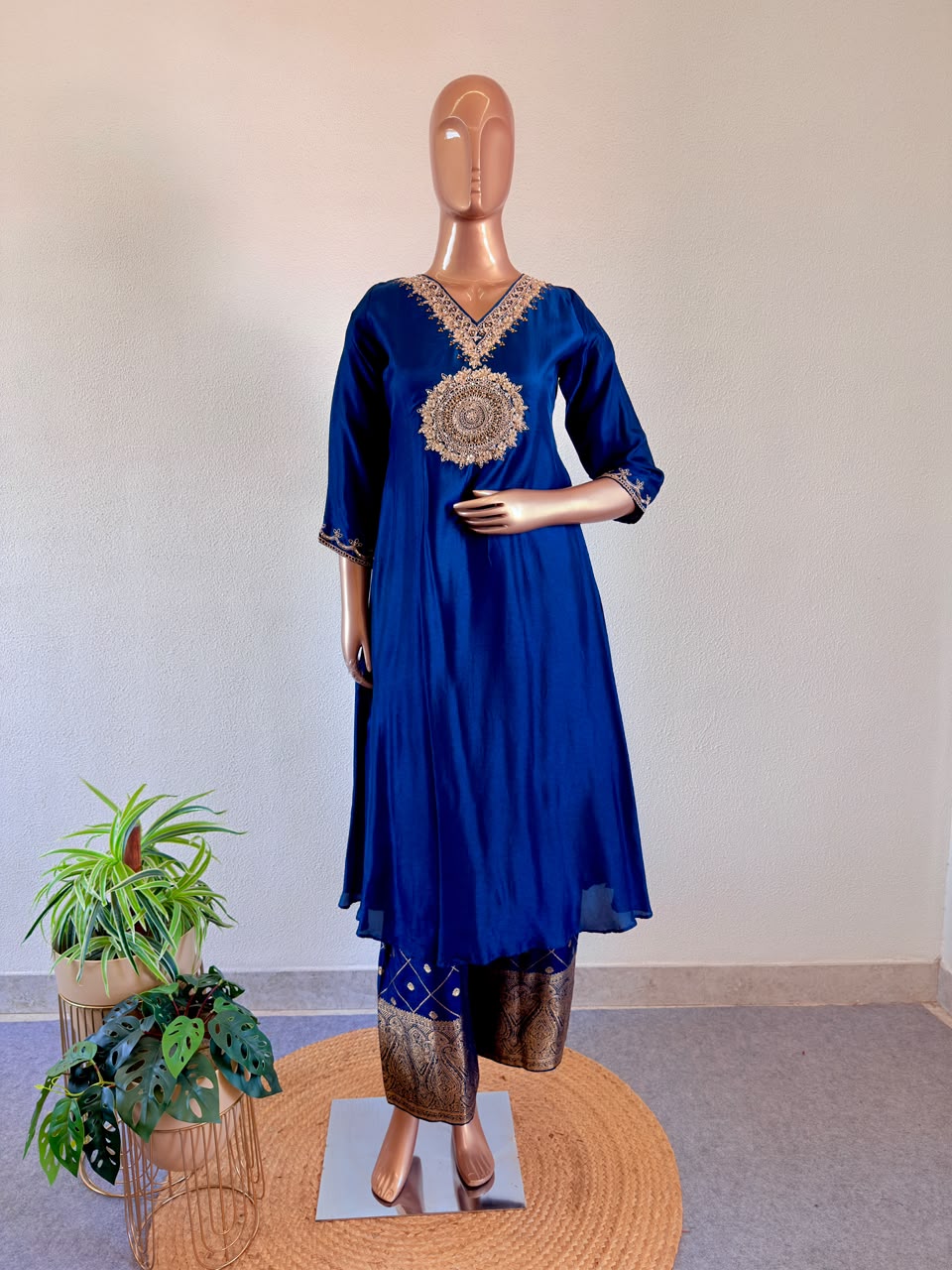 Hand Embroidered V-Neck Premium Silk A-Line Suit Set with Brocade wide Pants