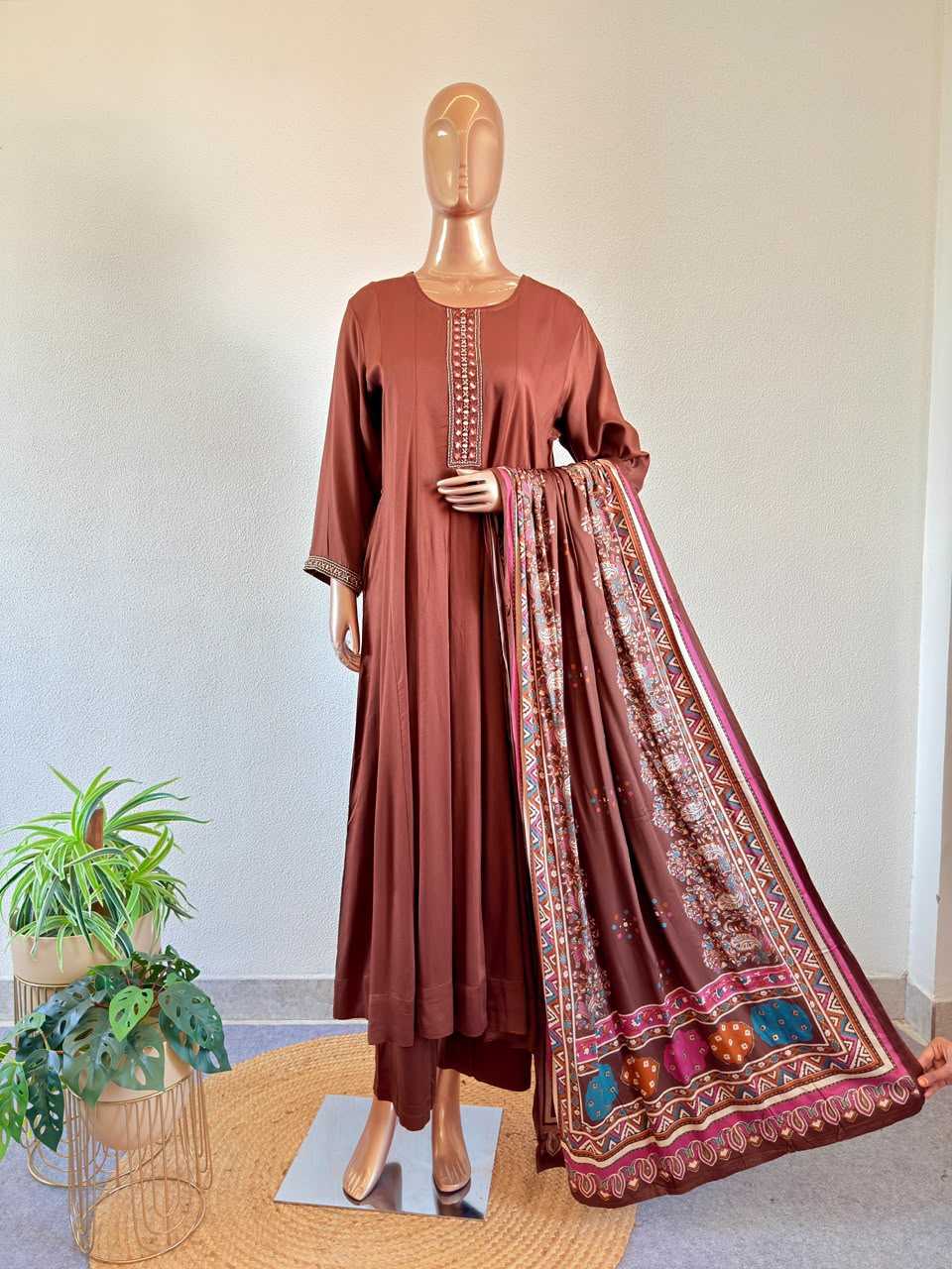 Embroidered Mirror-Work Yoke Modal Silk Anarkali Set with Printed Dupatta
